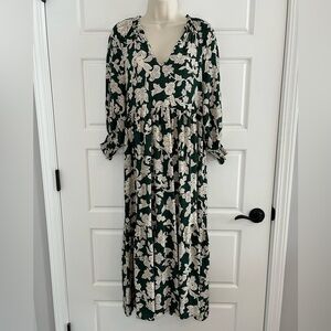 Zara Women Maxi Dress Floral Cottage Core Prairie Green Cream V-Neck XS Boho